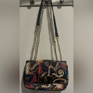 Aldo shoulder bag clutch faux leather chain print black gold orange convertible